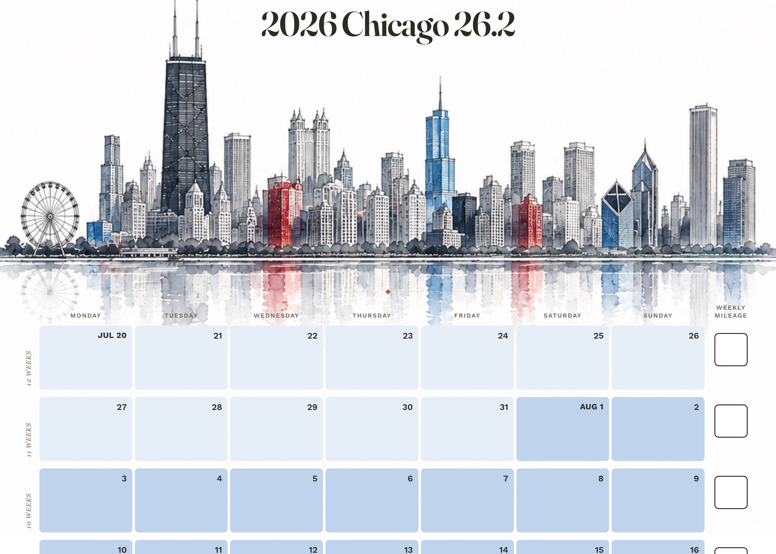 A training plan titled 2026 Chicago 26.2, with a city skyline watercolor across its masthead and its weeks banded in blue and red.