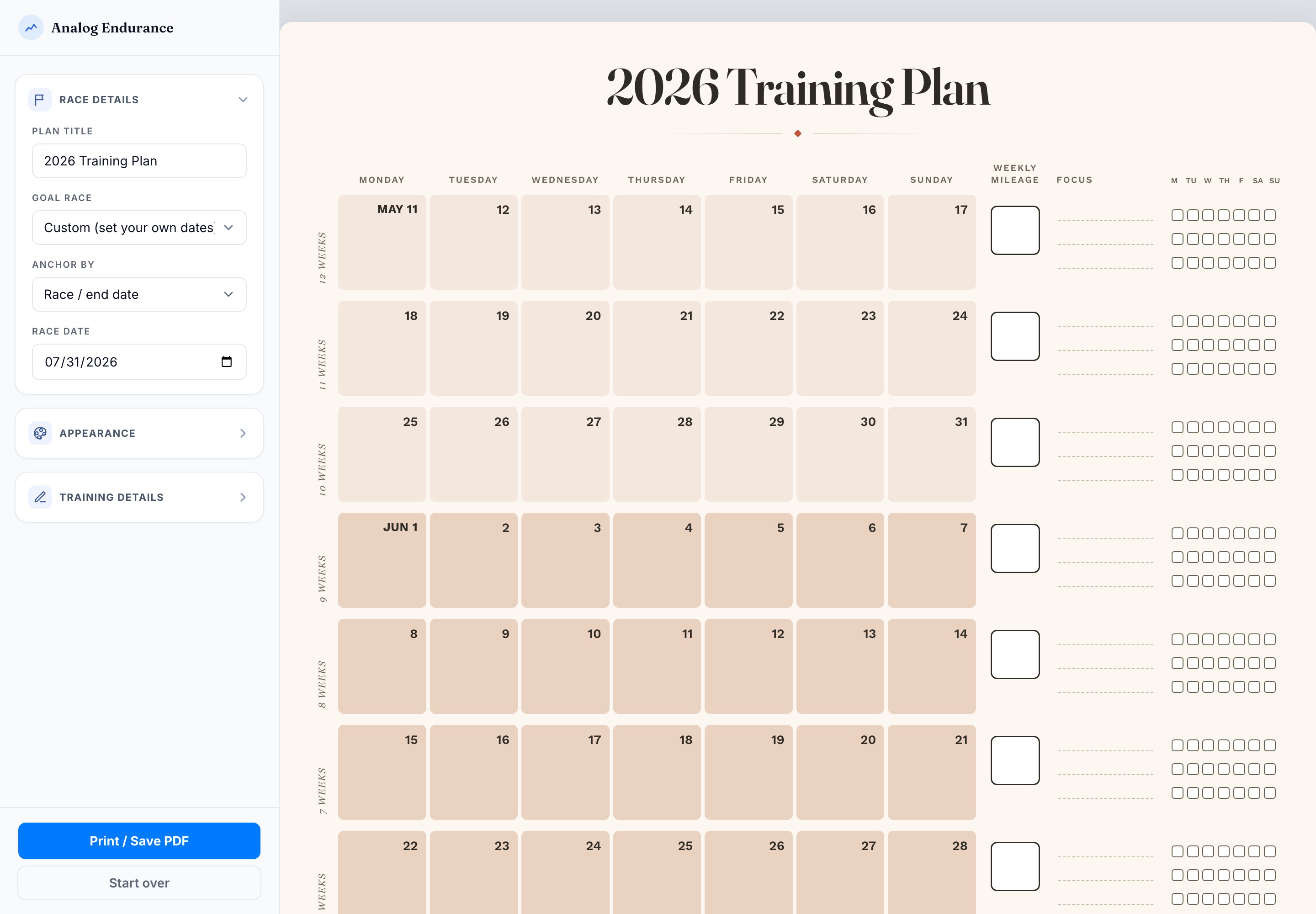 The Analog Endurance builder, with the plan title, goal race, and race date controls in the sidebar beside the plan they generate.