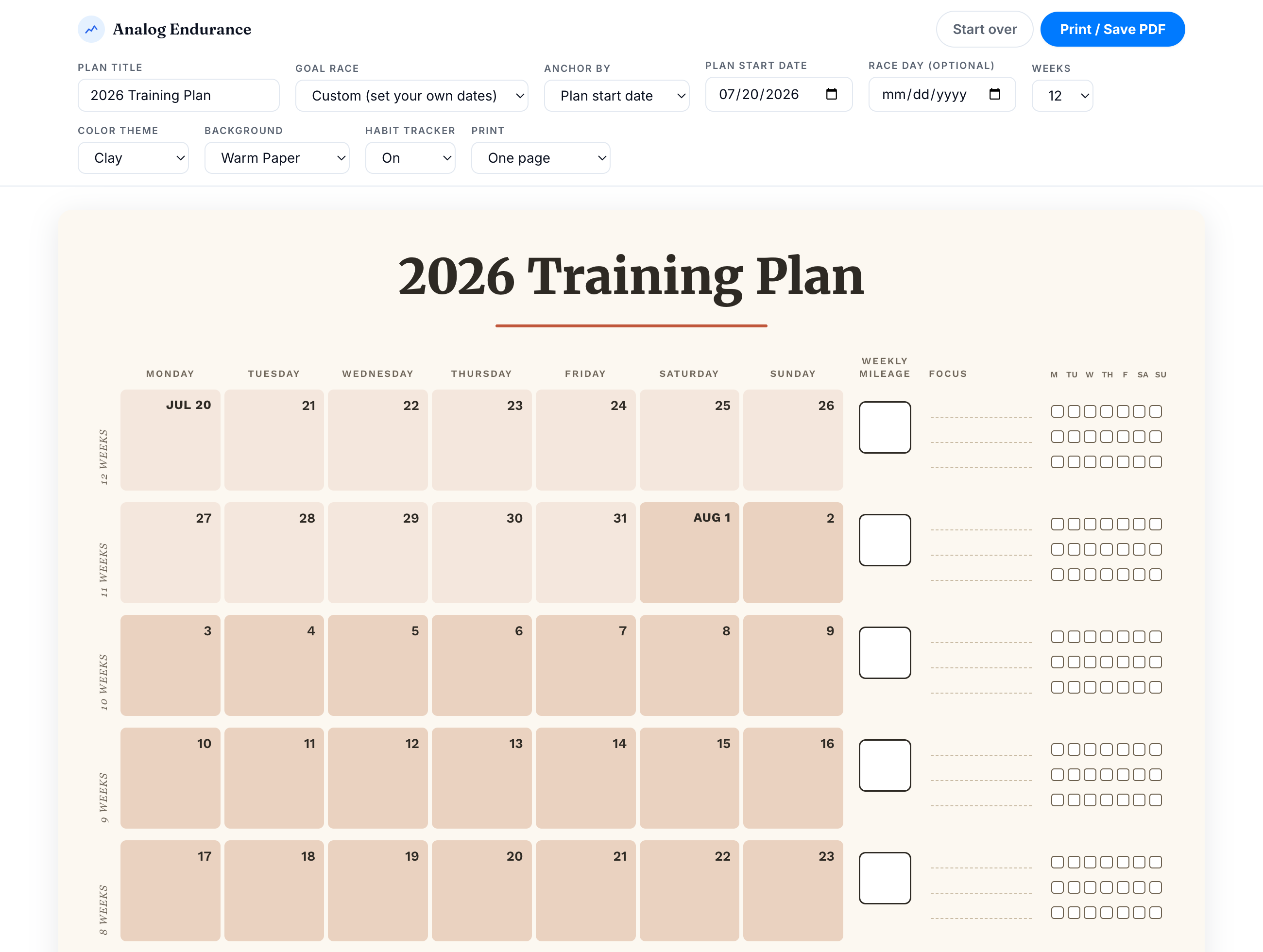 The Analog Endurance builder with the goal race, anchor date, and weeks controls above a generated plan.