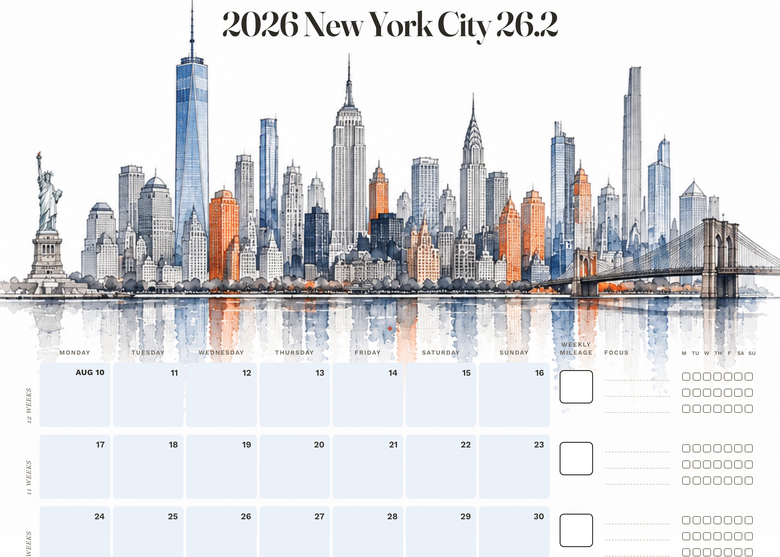 A training plan titled 2026 New York City 26.2, with a city skyline watercolor across its masthead and its weeks banded in blue.