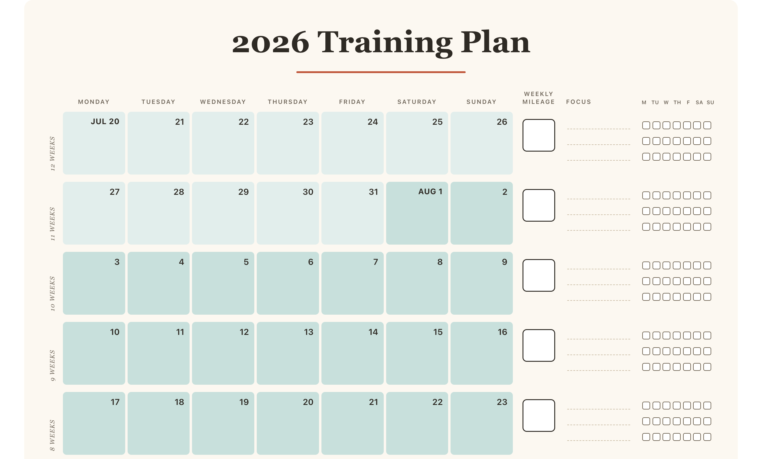 A training plan rendered in the Sea color theme, with each month banded in a deeper shade of teal.
