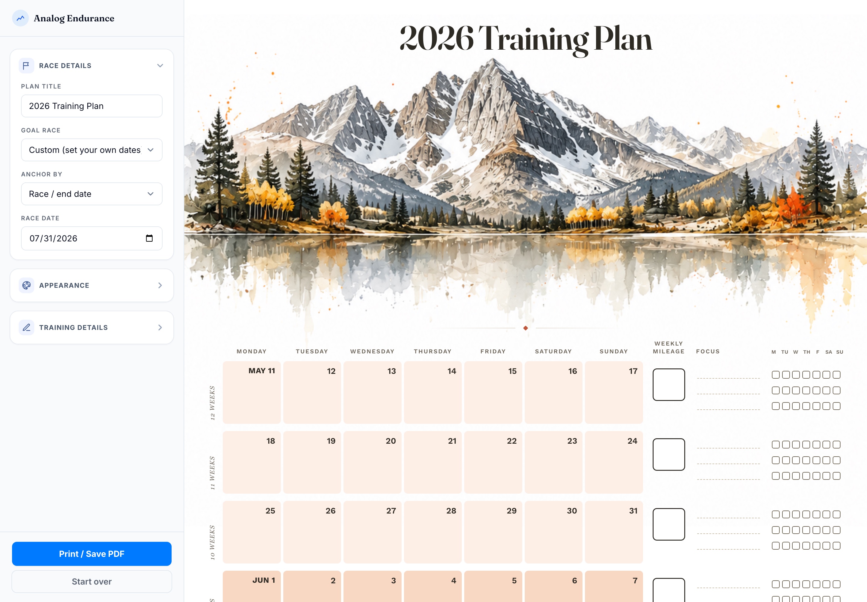 The Analog Endurance builder: a settings sidebar beside a training plan with a mountain watercolor across its masthead, its weeks banded in warm terracotta.